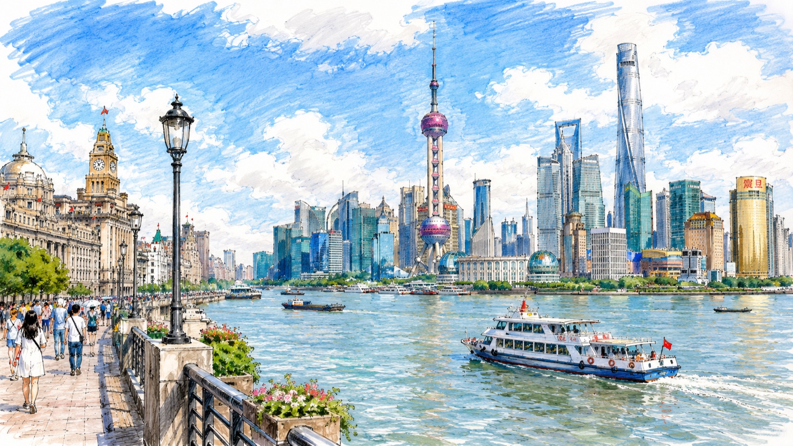 水彩画中的上海外滩与黄浦江